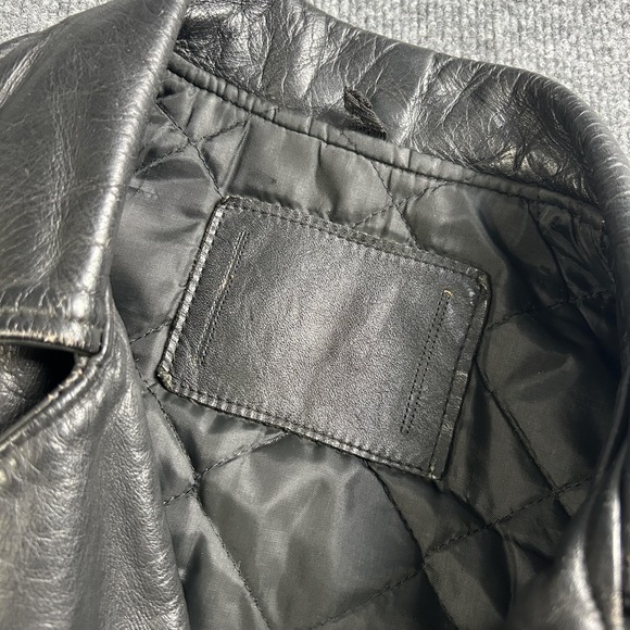 Leather Jacket Mens Large Black Motorcycle Biker Belted Zip Pockets Quilted - Picture 2 of 10